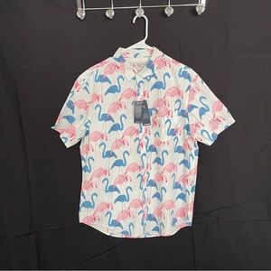 Men's Penguin brand Short-Sleeve Button-Up Shirt with Flamingos size L NWT
